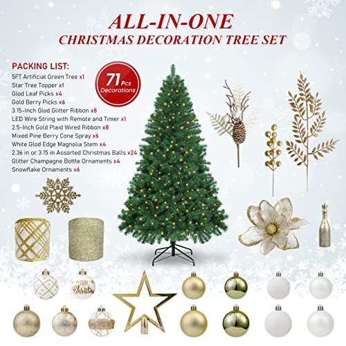 Wbhome 5Ft Decorated Artificial Christmas Tree With Ornaments And Lights, White Gold Christmas Decorations Including 5 Feet Full Tree, Ornaments Set, 200 Led Lights #TOP1
