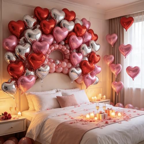 Image of 36 Pcs Red Pink Silver Heart Balloons,18 Inch Heart Foil Balloons Valentine Balloon for Wedding Engagement Party Valentine Day Decorations