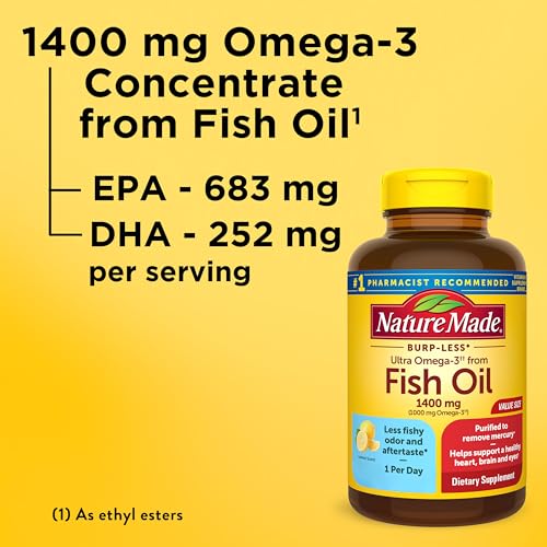 Image of Nature Made Burp Less Ultra Omega 3 Fish Oil 1400mg Softgels, 90 Softgels | Fish Oil Omega 3 Supplements as Ethyl Esters for Healthy Heart, Brain and Eye Support, One Per Day, 90 Day Supply