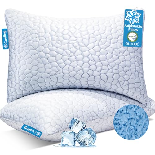 Image of QUTOOL Cooling Pillow for Sleeping 2 Pack,Luxury Shredded Memory Foam Bed Standard Pillows Set of 2,Cool Pillow for Hot Sleepers Adjustable Firm Pillow for Side,Back,Stomach Sleepers Soft Yet Support