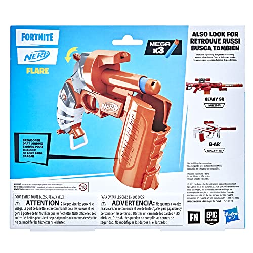 Image of NERF Fortnite Flare Dart Blaster, Break-Open Dart Loading, Includes 3 Mega Darts that Whistle Through The Air, Pull-Down Priming Handle, Multicolor