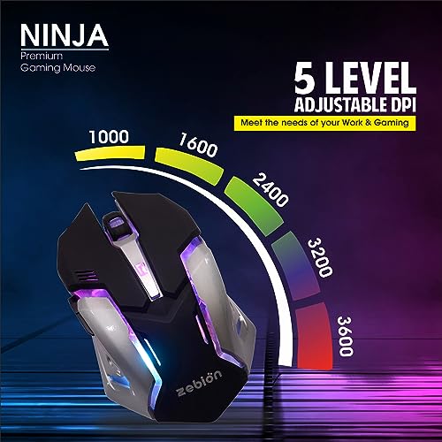 Image of Zebion Ninja M Wired Optical Gaming Mouse (USB 2.0, Black) Come with RGB Light, Adjustable DPI 1000 /1600 /2400 & 3200, 6 Buttons, 1 Year Warranty