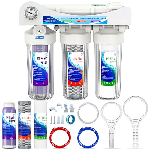 4 Stage Reverse Osmosis Deionization Water Fliter System, with Pressure Gauge and Deionization Water Filter, RO/DI Water Filtration System with Flushing Valve，100 GPD