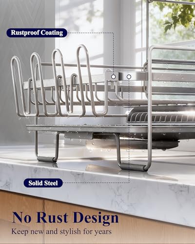 Image of Kitsure Extendable Dish Drying Rack, 19.2 inch-26.7 inch L x 12.9 inch W, 2-Tier | Large Dish Rack, Multifunctional Dish Rack for Kitchen Counter, Anti-Rust Dish Drainers with Cutlery & Cup Holders,Grey