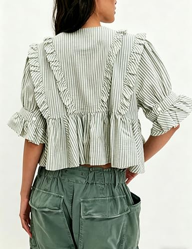 Image of Bozanly Womens Summer V Neck Short Sleeve Crop Tops Striped Shirts
