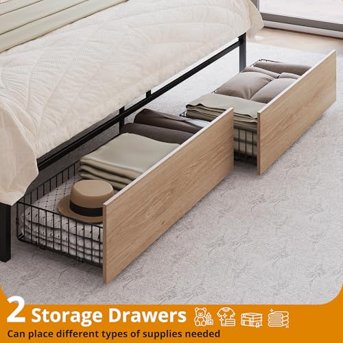 Image of LIKIMIO King Size Bed Frame with 2 Drawers and Charging Station | Platform Bed with Upholstered Storage Headboard, No Box Spring Needed, Easy Assembly, Sturdy, Wood and Cream