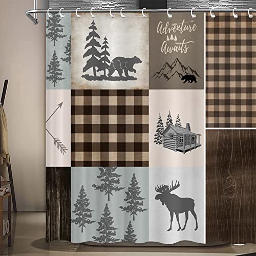 Jjnaee Cabin Bear Shower Curtain Rustic Lodge Moose Country Wildlife Animal Farmhouse Plaid Check Patchwork Brown Bathroom Decor Polyester Fabric Curtains With Hooks 70 X 70 In #TOP2