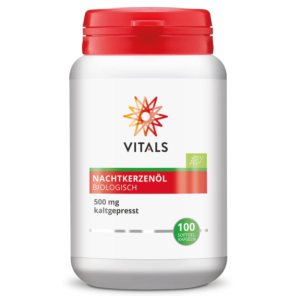 Vitals Nachtkerzenöl Bio - 100 Softgel-Kapseln, vegan. 500mg kaltgepresstes Öl aus Nachtkerzensamen mit GLA. Ohne Chemikalien, aus biologischem Anbau.