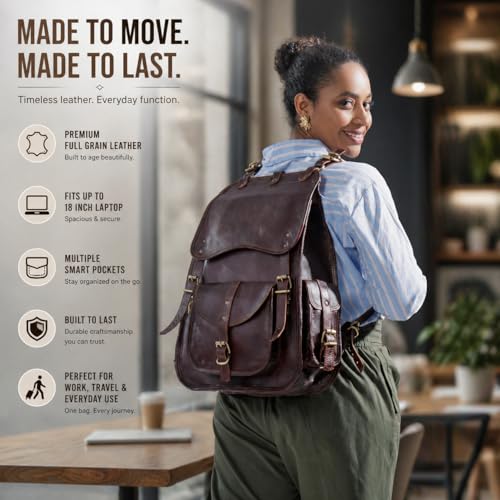 Image of Handmade World Full Grain Leather Backpack for Men - 18 Inch Laptop Bag, Handmade Real Leather, Business Travel Work Backpack