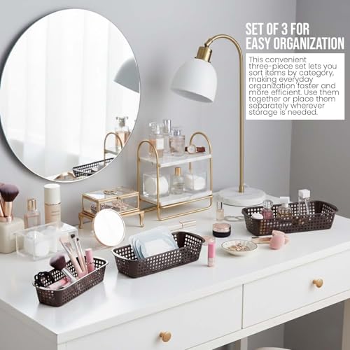 Image of Go Hooked Rectangular Plastic Drawer Organizer (Set of 3) - Multipurpose Storage Basket for Makeup, Stationery, Desk & Home Organization - Durable & Compact (Brown)