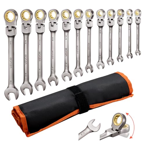 VEVOR Flex-Head Ratcheting Wrench Set, 12-Piece SAE Sizes, 72 Teeth, Cr-V Steel Ratchet Flexible Combination Wrench Set with Roll Up Pouch, for General Household and Automotive Repairs, Gray Nickel by VEVOR - Used condition - CA$52.15