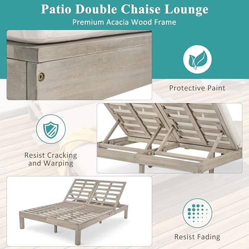 Merax Double Chaise Lounge Outdoor with 5-Position Adjustable Backrest, Outside Lounge Chair with 4" Cushion and Folding Side Trays for 2 People, Wood Patio Chaise Lounge for Pool Garden, Grey by Merax - Used condition - Image 6
