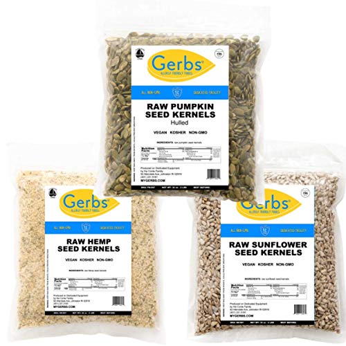 Gerbs Raw Three Seed Omega Mix One Variety Pack | 32Oz Bag Raw Pumpkin Seed Kernels, 32Oz Bag Raw Hemp Seeds, 32Oz Raw Sunflower Kernels, Top 14 Food Allergen Free, Non Gmo, Vegan, Keto, Paleo Friendl #TOP16