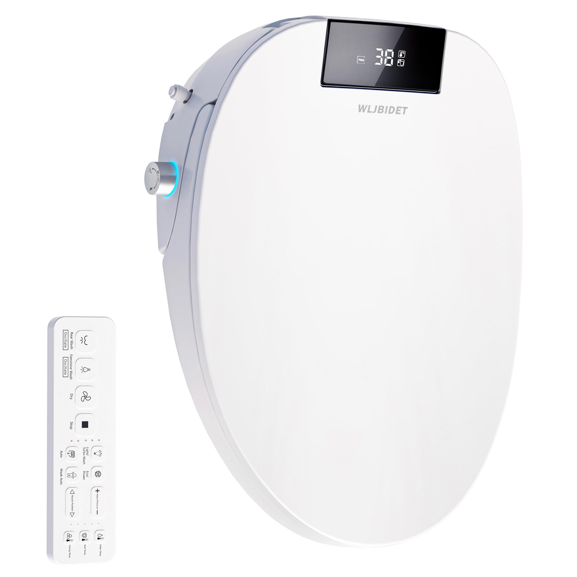 WLJBIDET Bidet Toilet Seat with Remote Control, Electronic Heated Bidet Seat with Adjustable Warm Water and Pressure, Warm Air Drying, Display Screen, Night Light, Slow Closed Toilet Lid, Elongated