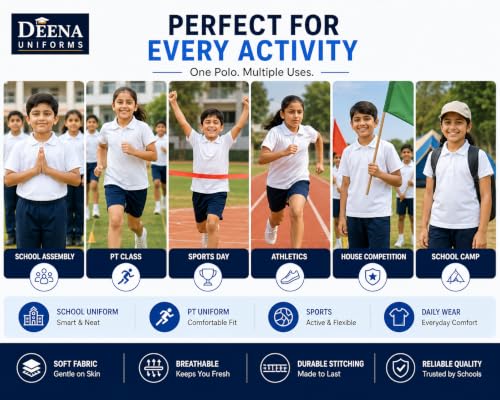 Image of Kids White Polo Neck T-Shirt | Half Sleeve Cotton Blend School Uniform Polo T-Shirt for Boys & Girls | PT Uniform, Sports, House Wear & Daily Activities