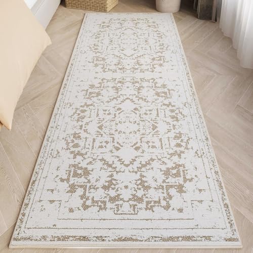 MATKIK Vintage Runner Rug Non Slip for Hallway Bathroom Kitchen 2x6 ft, Ultra Soft Boho Carpet Runner with Low Pile Design Machine Washable Runner Rugs for Entryway Laundry Living Room (Khaki)