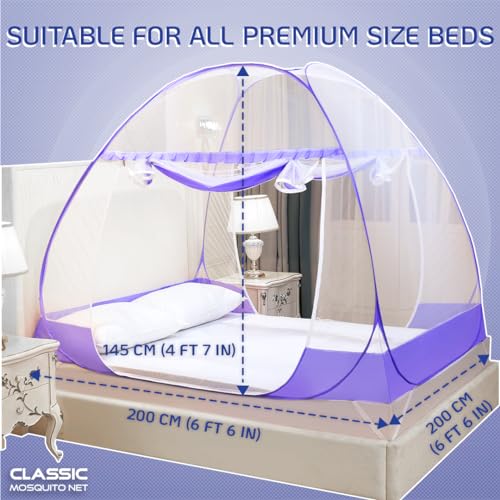 Image of Classic Mosquito Net Premium for King Size Bed | 30 GSM Polyester Fine Mesh | Foldable Pop Up Machardani for Double Bed | 360 Mosquito & Insect Protection | Washable & Reusable | Purple