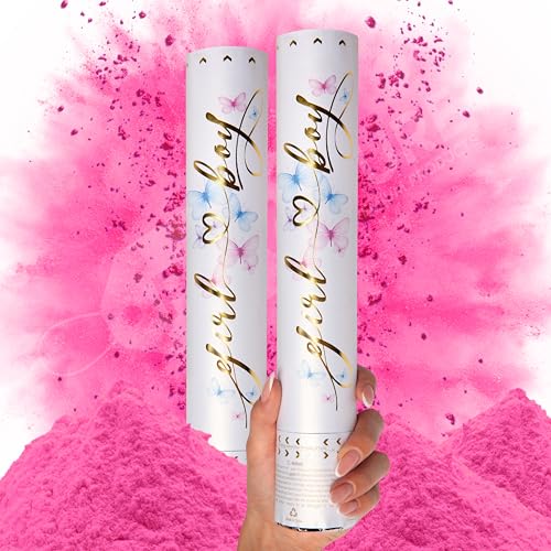 Primepure Gender Reveal Confetti Cannon - Biodegradable Powder Cannons Smoke Bomb - Pink, 2 Pack - Party Poppers Baby Powder Pink Confetti Poppers For Baby Girl Gender Reveal Party
