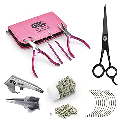 Professional Hair Extension & Beading Tool Kit Remove Plier Set for beads (4 Piece) I-Link Micro Ring Loop Needle Pulling Hook Threader Wire for Silicone Rings (Blonde Beads)