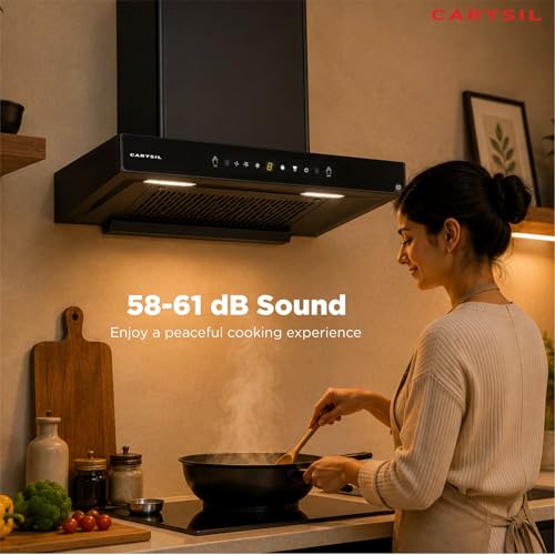Image of Carysil AeroSync 60 cm Kitchen Chimney, T- Shape, 1500 m /hr Suction, Auto-Clean Filterless, 3-Speed Touch & Gesture Control, LED Lamp, 10-Year Warranty - Black