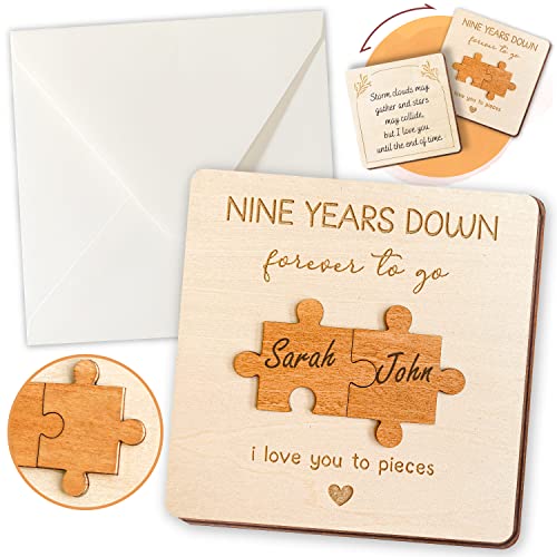 9 Year Anniversary Card for Husband Wife - 9 Year Anniversary Wooden Gifts for Boyfriend Girlfriend, 9th Anniversary Wood Gift for Him Her, Happy Wedding Anniversary Cards for Couple