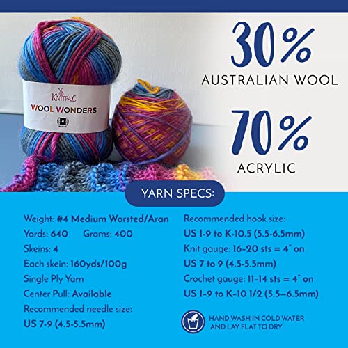 Wool Wonders Variegated Multicolor Medium Heavy Worsted/Aran Weight #4 Thick Yarn, Woolen, 30% Australian Wool And 70% Acrylic, 4-Pack, 400G/640Yds (Blue Gray) #TOP4