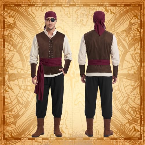 Dicxoser 6PCS Men's Pirate Costume Set - Renaissance Medieval Costume for Men, Halloween Pirate Party Cosplay Outfit (White-Black, L) by Dicxoser - Used condition - Image 2