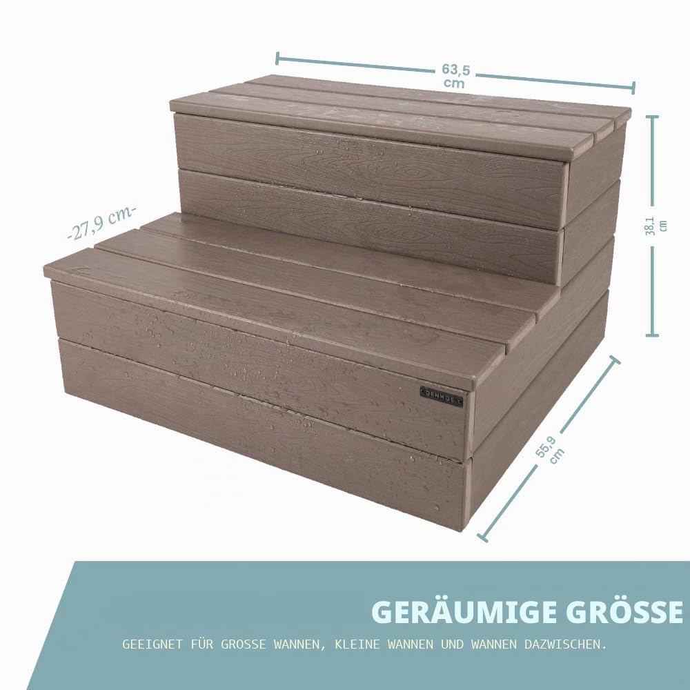 DENKOE Whirlpool-Stufen – Holz aussehender Kunststoff – 100 % wasserdicht – braun, rutschfest, strapazierfähig, vielseitig einsetzbar als Veranda-Treppe, Whirlpool-Treppe, Außentreppe, passend für