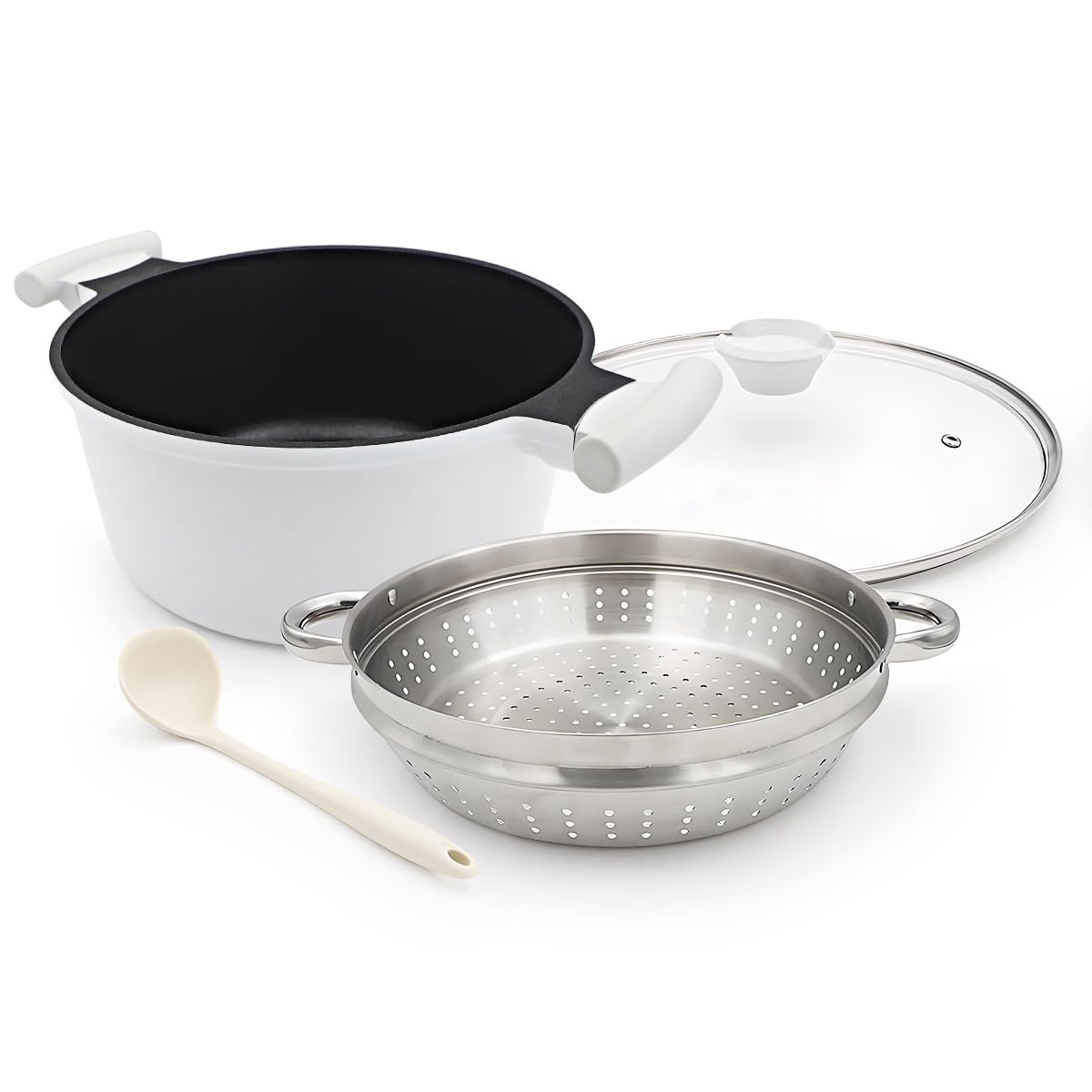 Ollas de vapor de 6 litros con tapa, olla antiadherente de 6 L con vaporizador de verduras, sin PTFE y PFAS, olla grande para cocinar al vapor, asas que se mantienen frías, compatible con