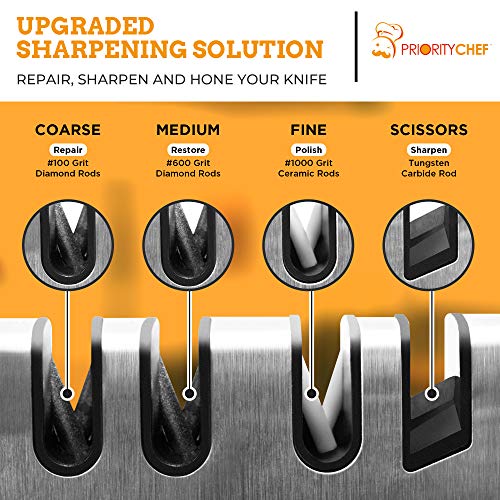 PriorityChef Kitchen Knife Sharpener, Professional Diamond Rods To Repair, Sharpen and Polish Your Knives, Cut-Resistant Glove Included