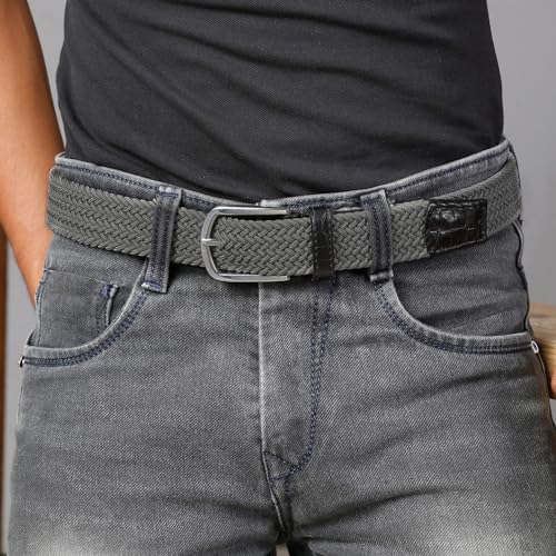 Image of LOUIS STITCH Men's Braided Elastic Stretch Belt with Leather Tipped End Stretchable Canvas Waist Band for Men Women Boys Girls Unisex (Width 3 cm) (BE-EL)