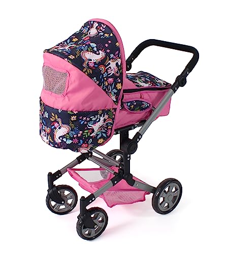 Bayer Chic 2000 - Puppenwagen Jara, 2in1 Kombipuppenwagen mit herausnehmbarer Tragetasche, Puppenkinderwagen für Kinder von 4 bis 8 Jahren, Einhorn, Navy-pink – Bild 5