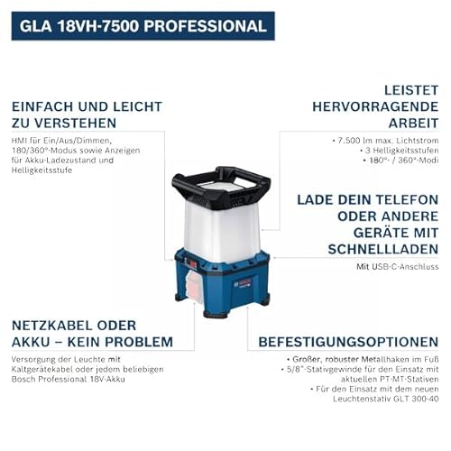 Bosch Professional 18V System Akku-Hybridstrahler GLA 18VH-7500 (inkl. Kaltgerätekabel)