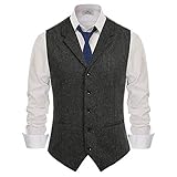 PJ PAUL JONES Mens Wool Blend Vintage Tweed Waistcoat Casual Slim Fit Suit Vest Dark Grey XL