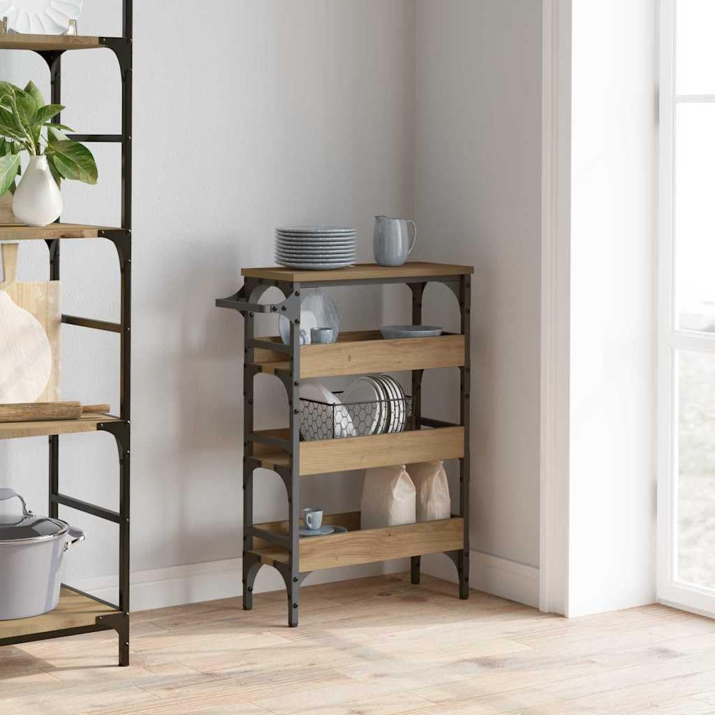 Wózek kuchenny z materiału drewnopochodnego w stylu industrialnym o rustykalnym charakterze i uroku loftowym jako kompaktowy wózek kuchenny z miejscem do przechowywania małych mieszkań