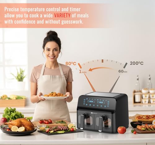 9L Dual Air Fryer with Digital Display, Healthy Oil Free 2500W Air Fryer with 8 Preset, LED One Touch Screen, Timer & Adjustable Temperature Control (9L(4.5L+4.5L) - Image 6