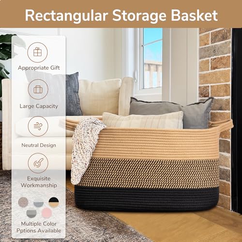 Goodpick Woven Blanket Basket, 21.6" x 14.9" x 11.8" Wicker Laundry Basket for Clothes, Storage Baskets for Organizing, Rectangle Rope Large Baskets for Storage, Black Jute