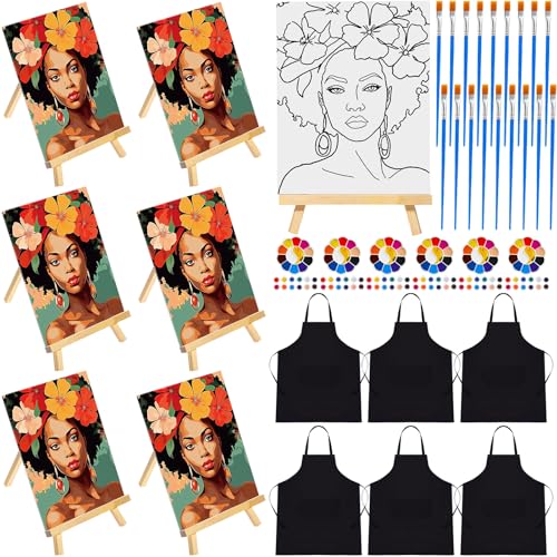 Motipuns 6 Set Pre Drawn Canvas for Painting for Adults Sip and Paint Kit with Easels 8 x 10 Inches Paint Party Kit with Printed Canvas Paints Brushes Palette Apron(Beauty and Flowers)