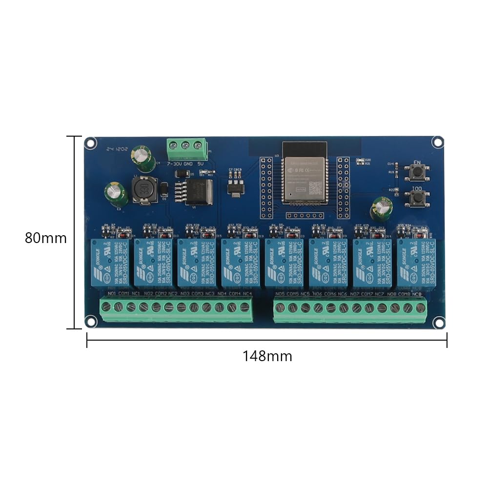 Module de Relais 8 canaux DC5-30 V Carte de développement secondaire ESP32 Bouton programmable, Bouton de réinitialisation Relais de Puissance