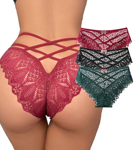 Image of Womens Sexy Thongs Lace Panties Underwear Low Rise Plus Size Underpants Pack of 1-3