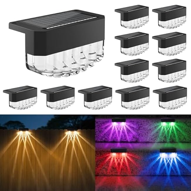 Solar Fence Lights Outdoor,12 Pack Solar Deck Lights,8 Fixed Colors ¨Õ Color Changing Modern Solar Powered,Waterproof LED for Step Stair Patio Backyard Porch Railing