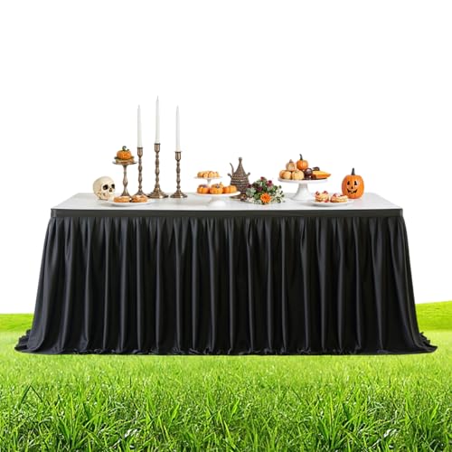 Krmoau Jupe à volant rectangulaire noire pour tables rectangulaires - 180 cm, 270 cm, 420 cm - Décoration réutilisable pour Noël, anniversaire, baptême, remise de diplôme, baby shower, Halloween