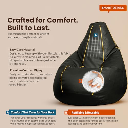 Image of Sattva Classic Piping XXXL Bean Bag with Pocket Filled with Beans | Faux Leather Teardrop Bean Bag for Adults & Teens | Pre-Filled Comfortable Seating for Home, Bedroom - Dark Green with Yellow Piping