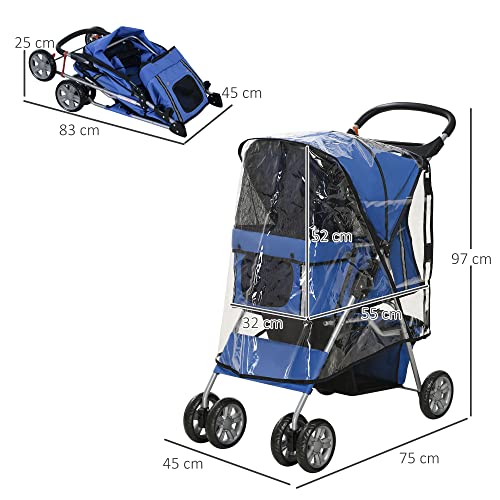 PawHut Hundebuggy, Hundewagen mit Regenverdeck, faltbarer Hundetrolley bis 10 kg, Katzenbuggy für kleine Hunde mit Netzfenster, Katzenwagen, Blau, 75 x 45 x 97 cm