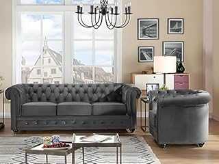 Vente-unique - Canapé 3 Places et Fauteuil Chesterfield - Velours Anthracite
