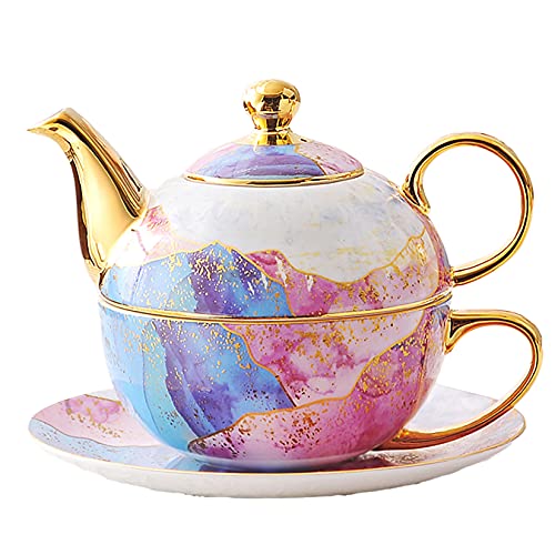 YJF-MRY Tea for One Teapot and Cup Set, Bone China Tea Set Porcelain Pink and Lavish Real Gold, Ceramic Teapot Tea Cup and Saucer Set, Coffee Pot 500 Ml/Coffee Cup 400Ml,B
