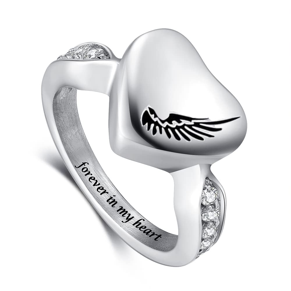 RIMZVIUX Angel Wing Ring for Ashes for Women Cremation Rings for Ashes for Women Heart Urn Ring Stainless Steel Finger Ring (8)