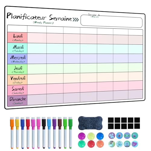 Prelisee Calendrier Magnetique Frigo,42x30cm Planificateur Hebdomadaire Magnétiques Effaçables Peut servir de Tableau Menu Semaine Frigo, Liste de Courses,...