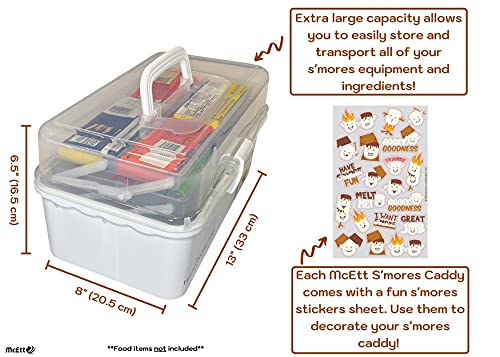 Mcett Smores Caddy - Multi-Tray S'mores Storage Box (Roasting Sticks Are Included) & Fun Smores Stickers - Hold Marshmallows, Chocolate, Crackers, Candy, & Skewers - Camping & Campfire Accessories Kit #TOP2