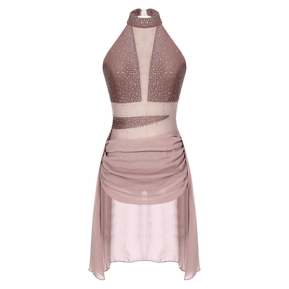 GLDFW - Vestido de danza lírica para mujer, con diamantes de imitación, malla transparente, leotardo, ballet, gimnasia, patinaje artístico, rendimiento